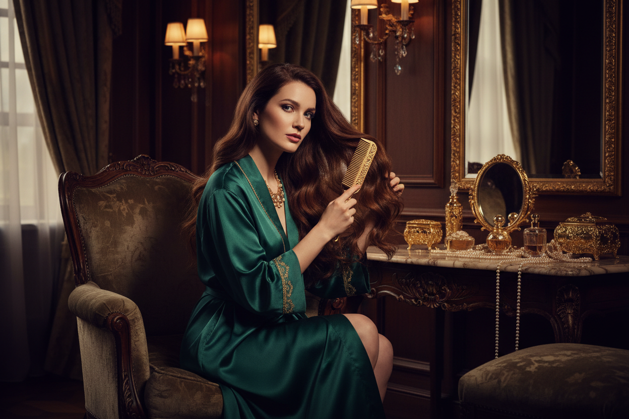 Elegant woman combing her hair